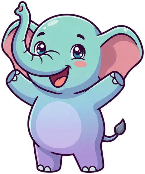 Atlas the elephant celebrating with both arms up.